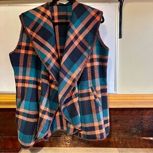 Plaid Women's Vest Teal Blue Orange with Brown Trim Pockets Size XXL
